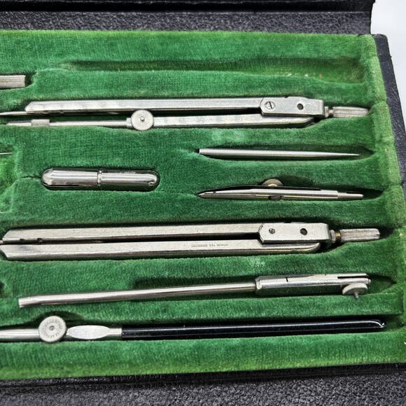 Vtg Siebenhaar Co Germany 10pc Drafting Tool Set Black Case Felt Lined Compass - Picture 3 of 8